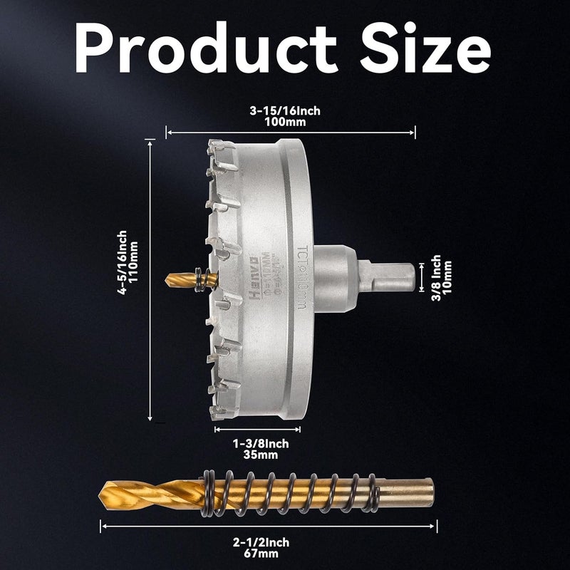 Henvo Hole Saw 4-5/16" (110mm) Heavy Duty Carbide with 2 Pilot Drill Bits - Metal Hole Cutter Cuts Stainless Steel, Iron, Copper, Brass, Plastic - Image 2